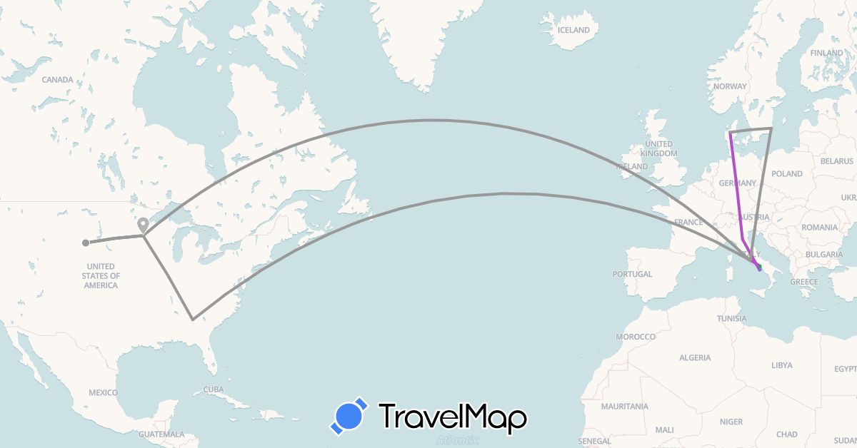 TravelMap itinerary: driving, bus, plane, train, boat in Denmark, Italy, Sweden, United States, Vatican City (Europe, North America)